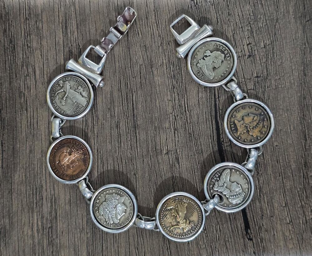 Vintage Sterling Silver Men's Bracelet Replica Legacy of Liberty US Coins 8"